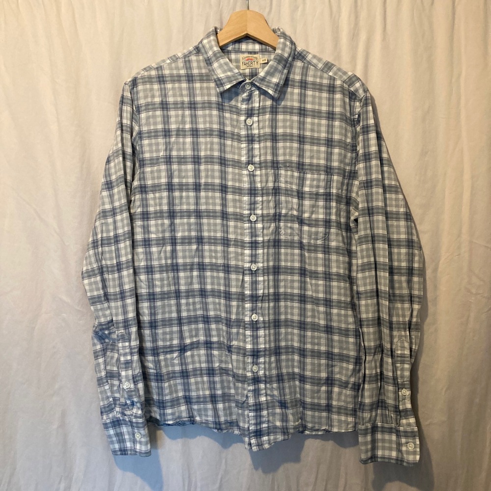 Faherty Movement Shirt Mens Medium Blue Grey Plaid Long Sleeve Button Down